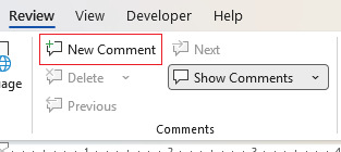 New comments option via right click context menu in Word